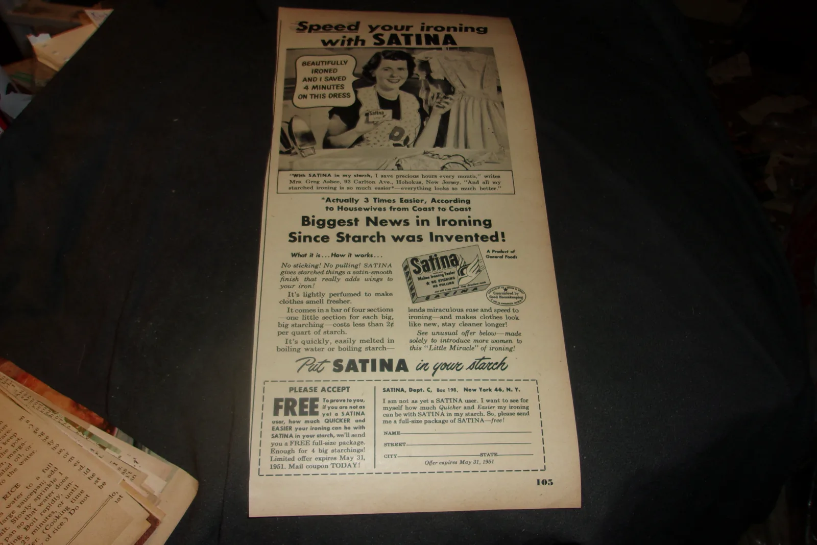 partial page black and white advertisement for Satina Starch from 1951