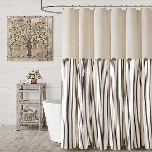 Farmhouse shower curtain linen beige button brown stripe 72x72 inch