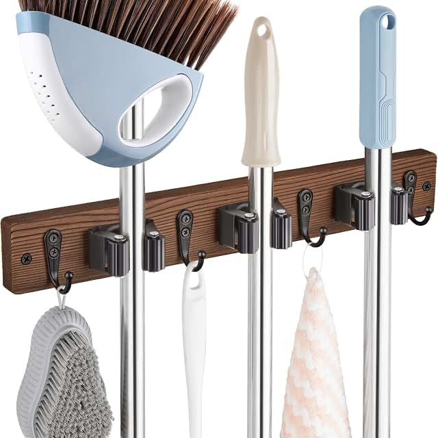 Mop  broom  holder  wall  mount  with 3  slots and 4  hooks
