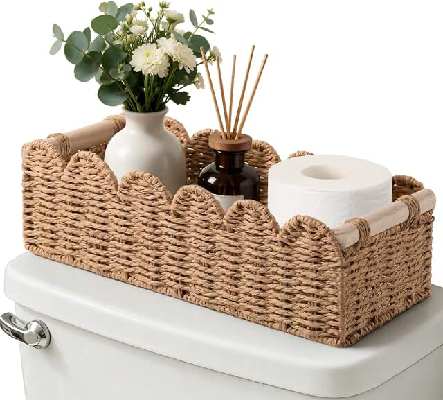 Scalloped toilet paper storage basket with handle for home decor