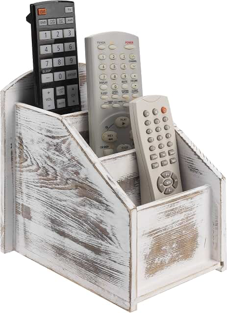 Whitewashed wood  tv remote control holder  with 3 compartments