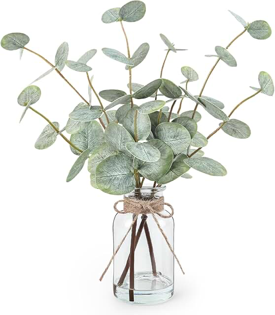artificial eucalyptus stems in glass vase with faux water 13.5 inch
