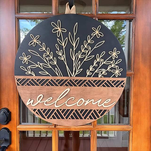Round welcome sign door hanger set 12 inch black