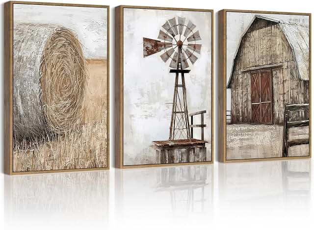 Farmhouse wall  art vintage  rustic windmill barn  cornfield pictures