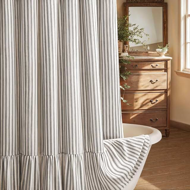 Farmhouse shower curtain ruffle linen cream black stripe 72x72 inch