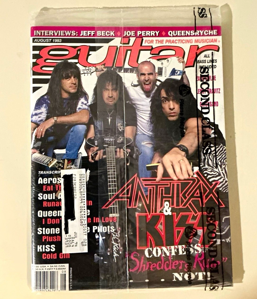 Guitar Magazine August 1993 Anthrax, KISS, Joe Perry, Jeff Beck New Sealed